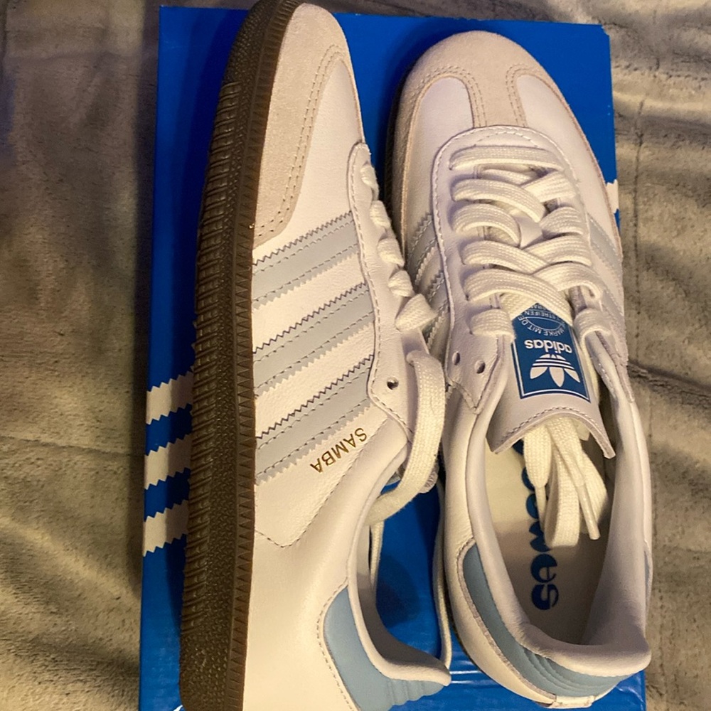 Brand new Adidas Samba Cloud White/Halo Blue Women’s size 5.